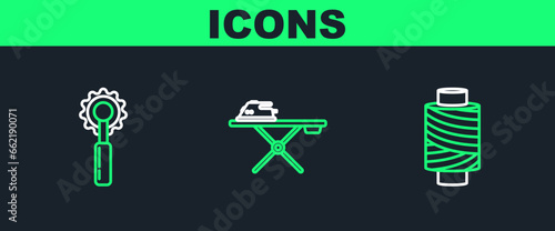Set line Sewing thread on spool, Cutter tool and Electric iron and ironing board icon. Vector