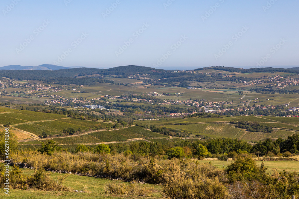 Paysage du mâconnais et de ses vignobles depuis le sommet de la Roche du Solutré, en Bourgogne