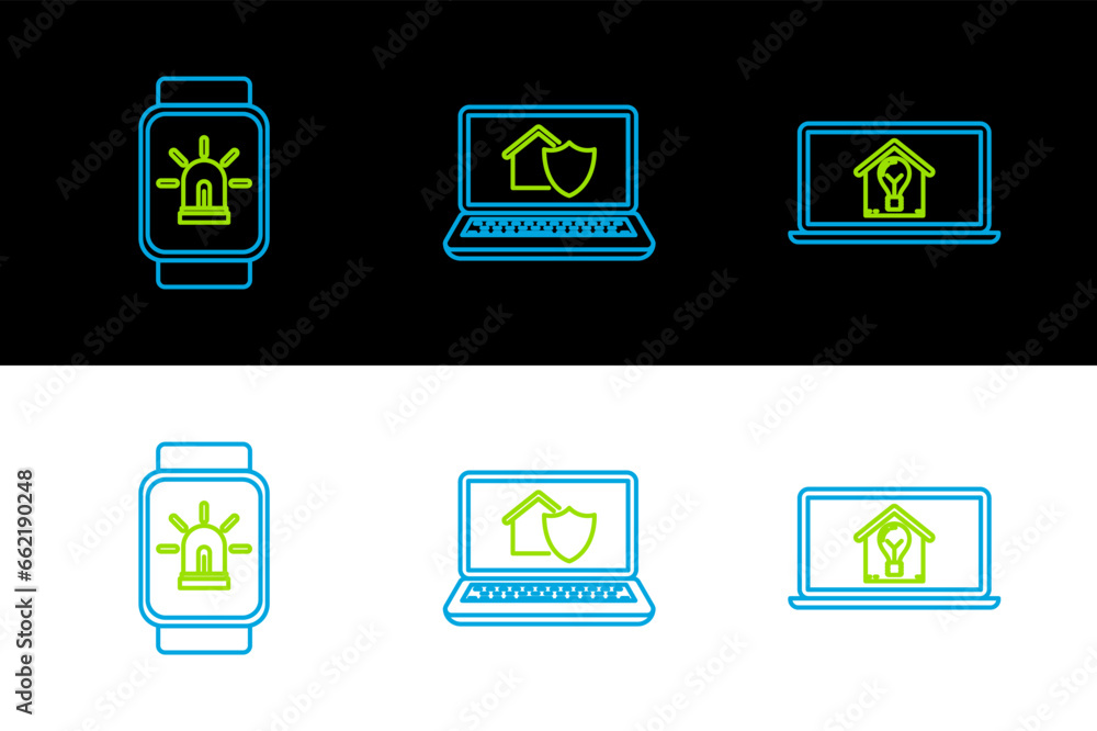 Set line Laptop with smart house and light bulb, Smart watch alarm and under protection icon. Vector Set line Laptop with smart house and light bulb, Smart watch alarm and under protection icon. Vector