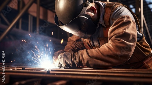 Welder working on a metal structure at a construction site