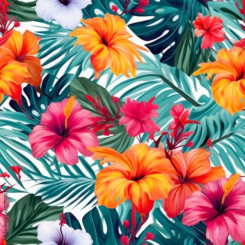 Beautiful seamless vector floral pattern, spring summer background with tropical flowers, palm leaves, jungle leaf, hibiscus, bird of paradise flower. generative ai