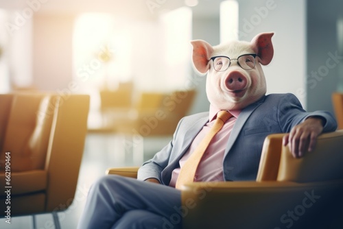 Portrait of pig businessman in the modern office.