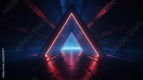 A dark tunnel with neon lights and a triangular shape
