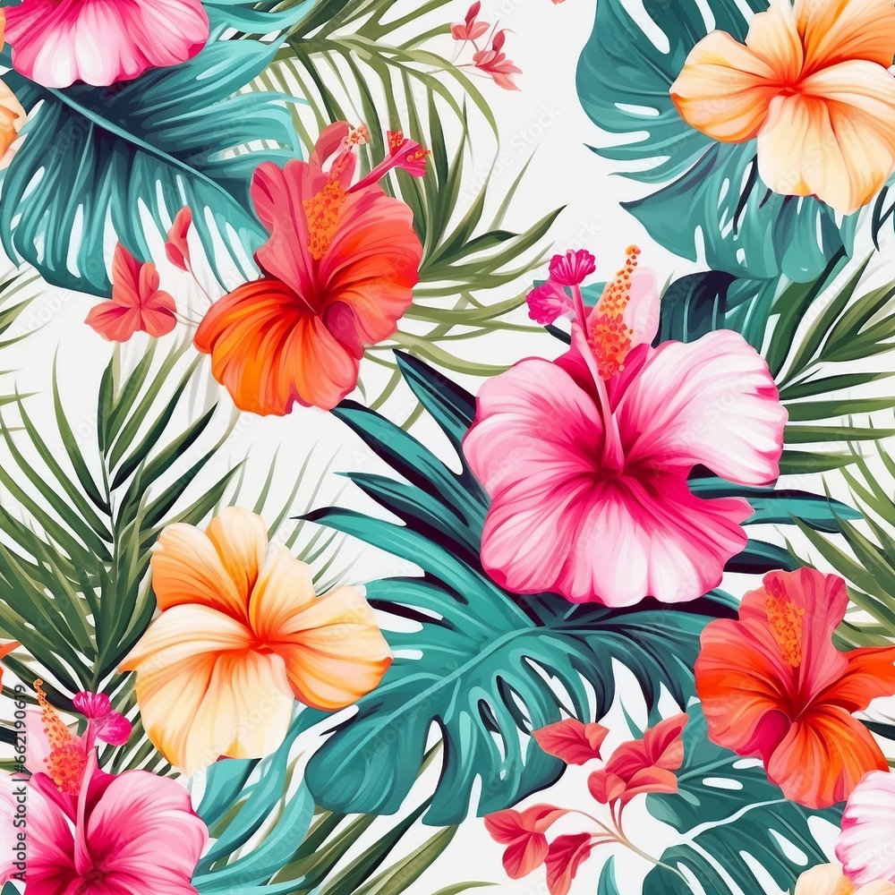 Beautiful seamless vector floral pattern, spring summer background with tropical flowers, palm leaves, jungle leaf, hibiscus, bird of paradise flower. generative ai