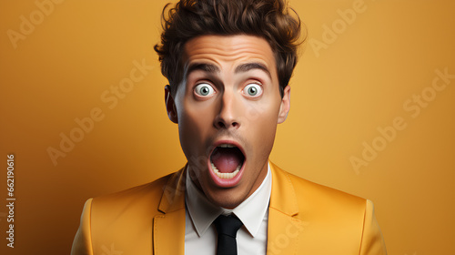 surprised young businessman in yellow suit looking at camera isolated on yellow © D-stock photo