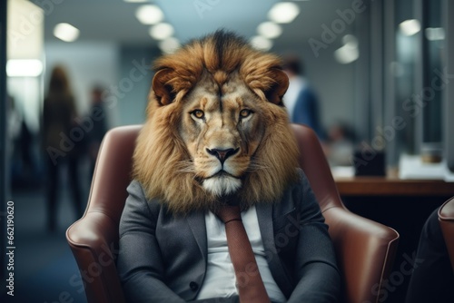 Portrait of lion businessman in the modern office.