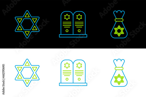 Set line Jewish money bag with star of david, Star David and Tombstone icon. Vector