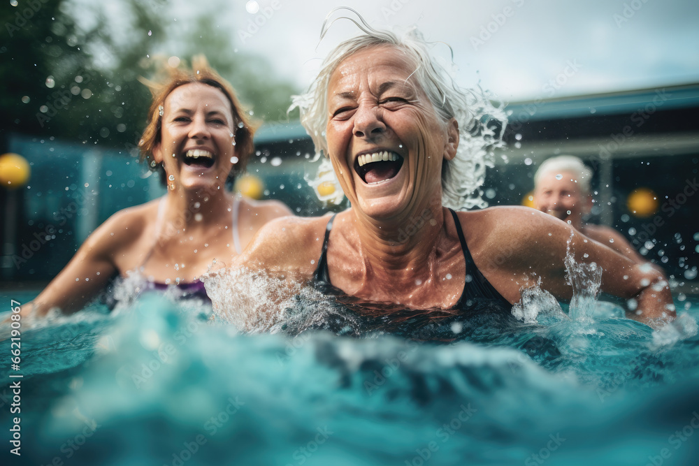 personas mayores jubiladas haciendo aquagym en la piscina - obrazy, fototapety, plakaty 