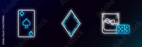 Set line Game dice and glass of whiskey with ice cubes, Playing card spades symbol and diamonds icon. Glowing neon. Vector