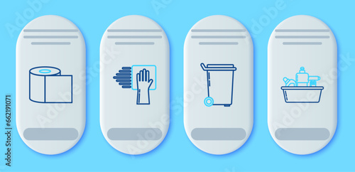 Set line Cleaning service, Trash can, Toilet paper roll and Plastic bottles for liquid dishwashing liquid icon. Vector