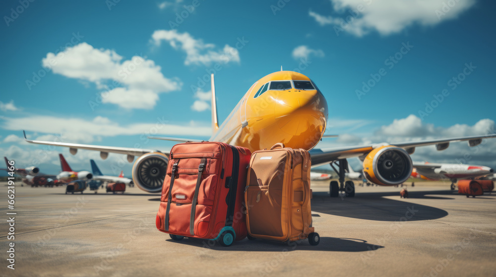 Suitcase in front of the plane at the airport, vacation, relocation, traveler suitcases in airport terminal waiting area, Suitcases in airport.Travel concept, summer vacation concept - obrazy, fototapety, plakaty 