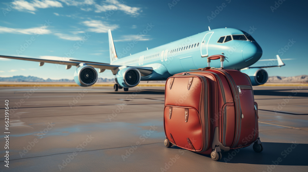 Suitcase in front of the plane at the airport, vacation, relocation, traveler suitcases in airport terminal waiting area, Suitcases in airport.Travel concept, summer vacation concept