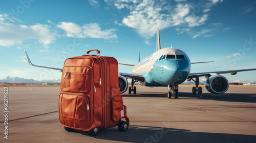 Suitcase in front of the plane at the airport, vacation, relocation, traveler suitcases in airport terminal waiting area, Suitcases in airport.Travel concept, summer vacation concept