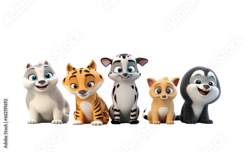 Smiling Beautiful Tiger Dolphin Penguin Warthog 3D Cartoon Animals Isolated on Transparent Background PNG.