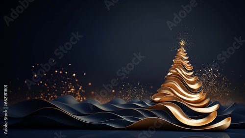 Abstract golden shinning swirl Christmas tree with golden and navy waves, Generative AI
