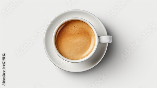 An overhead view of a stylish coffee cup with a double espresso shot, highlighting the crema on top, set on a minimalist, solid gray background, creating a striking contrast
