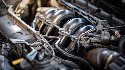 Old car engine part in auto repair garage