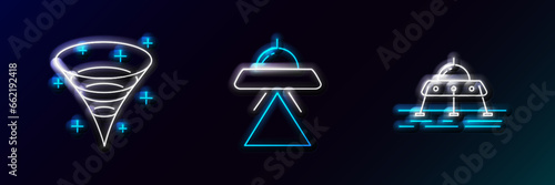 Set line Mars rover, Black hole and UFO flying spaceship icon. Glowing neon. Vector