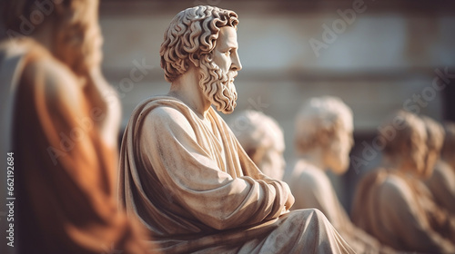 Ancient Greek philosopher statues, philosophy, blurred background