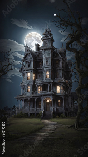 a haunted house with a full moon in the background