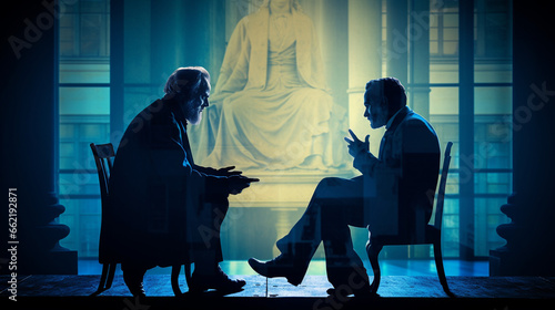 Silhouettes of philosophers in discussion, philosophy, blurred background photo