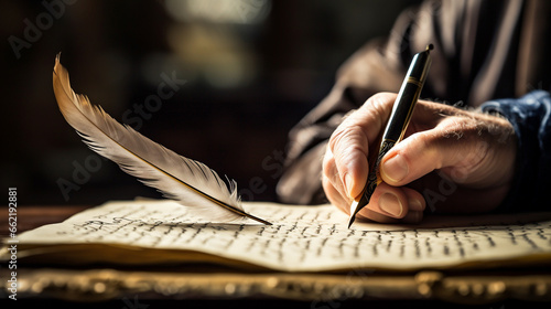 A philosopher's hand writing with a quill, philosophy, blurred background