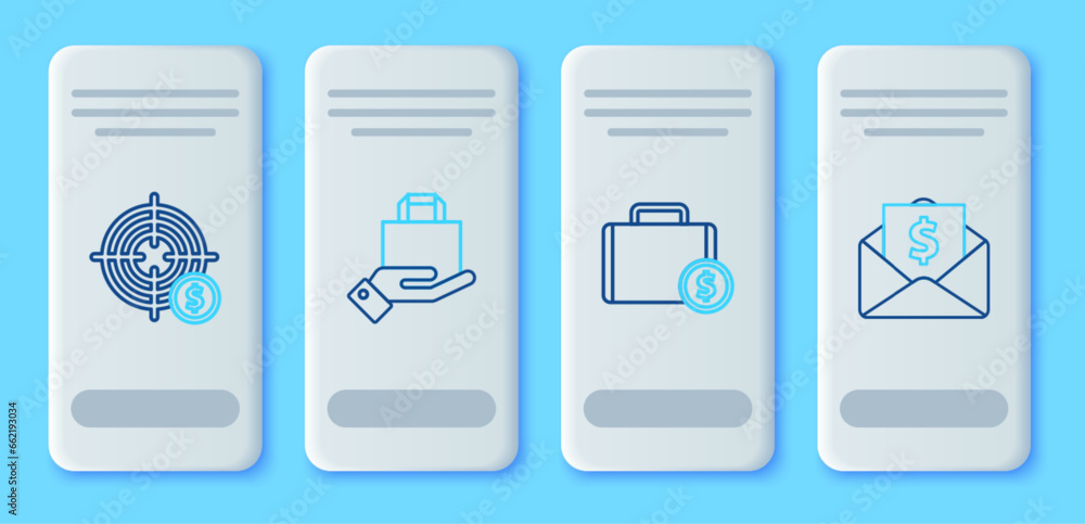 Set line Hand and paper shopping bag, Briefcase money, Target with dollar symbol and Envelope coin icon. Vector Set line Hand and paper shopping bag, Briefcase money, Target with dollar symbol and Envelope coin icon. Vector