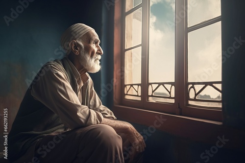 Senior man looking through window. Lonely old man waiting at home window. Generate ai