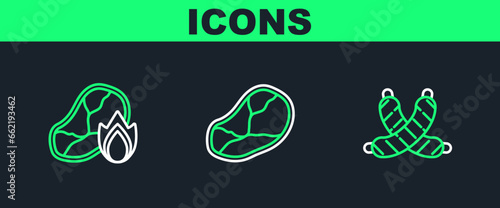 Set line Crossed sausage, Grilled steak meat and fire flame and Steak icon. Vector