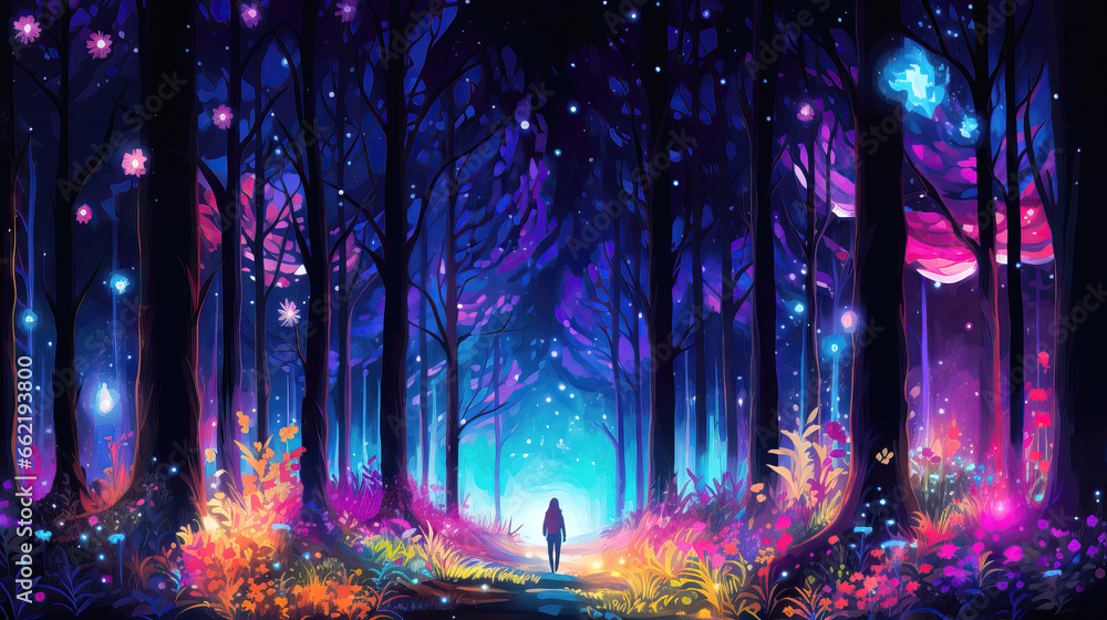 Night forest with magic lights. Fairytale landscape. Vector illustration