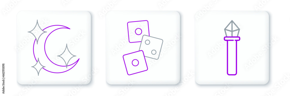 Set line Magic staff, Moon and stars and Game dice icon. Vector Set line Magic staff, Moon and stars and Game dice icon. Vector