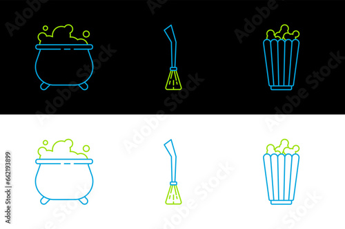 Set line Popcorn in box, Witch cauldron and Witches broom icon. Vector