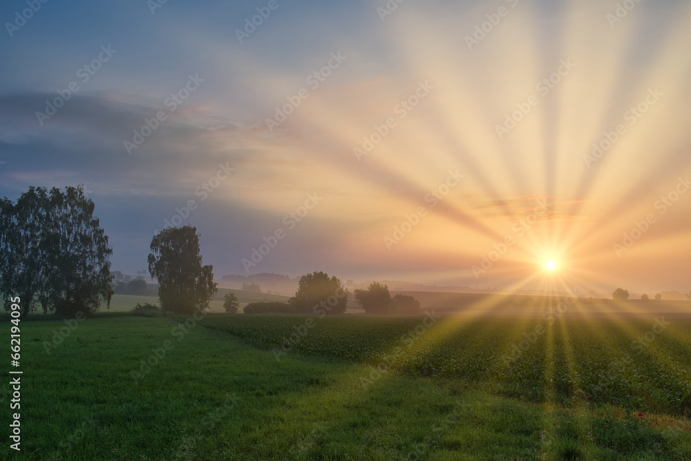 Sonnenstrahlen an einem nebligen Sommermorgen Sonnenstrahlen an einem nebligen Sommermorgen