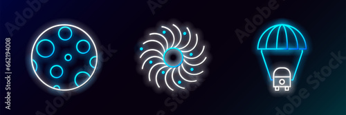 Set line Planet Saturn  Moon and Black hole icon. Glowing neon. Vector