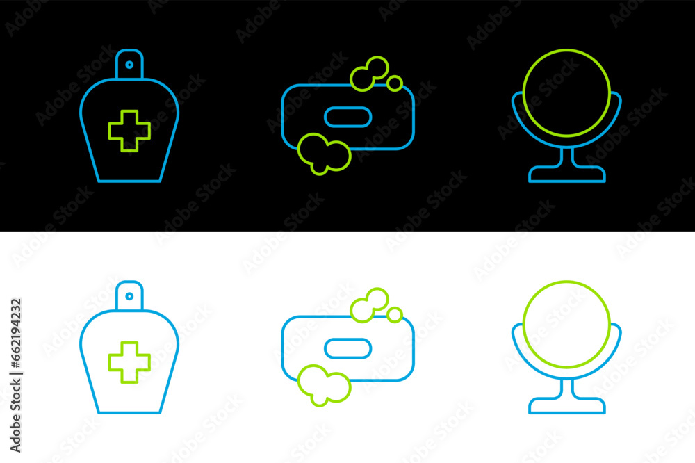 Set line Round makeup mirror, Bottle of liquid antibacterial soap and Bar icon. Vector Set line Round makeup mirror, Bottle of liquid antibacterial soap and Bar icon. Vector