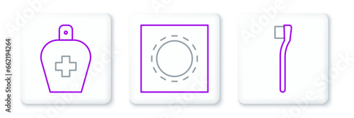 Set line Toothbrush, Bottle of liquid antibacterial soap and Condom in package safe sex icon. Vector
