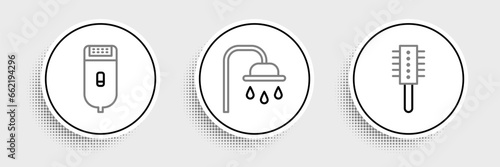 Set line Hairbrush, Electrical hair clipper or shaver and Shower head icon. Vector