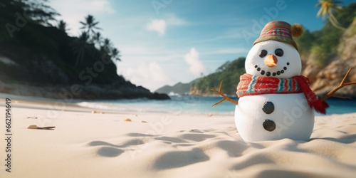 A close-up of a white snowman with a colorful cap and scarf on the seashore. Sunny day on the beach with forest around.