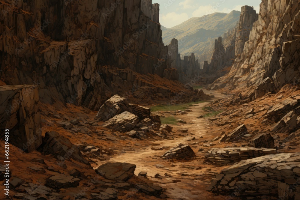 Rich, earthy layers converge, evoking nature's rugged, untouched terrain.