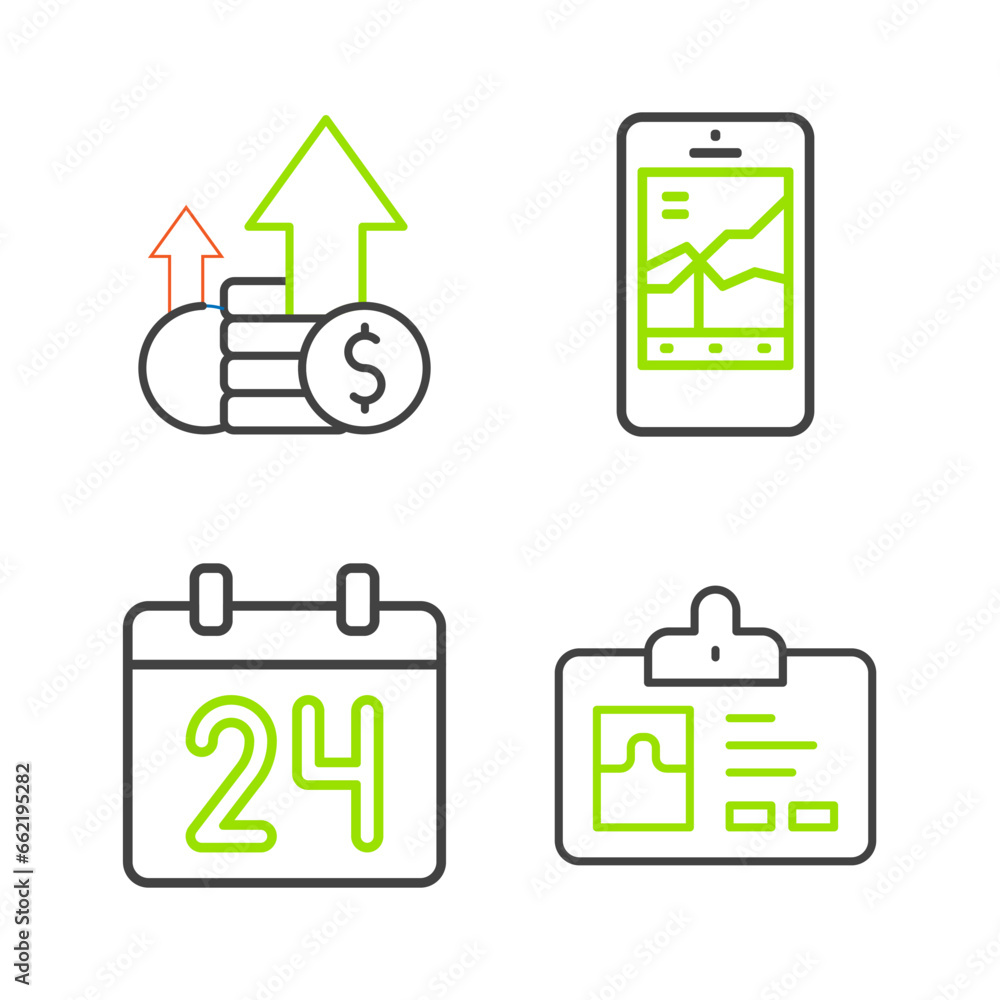 Set line Identification badge, Calendar, Mobile stock trading and Financial growth and coin icon. Vector Set line Identification badge, Calendar, Mobile stock trading and Financial growth and coin icon. Vector