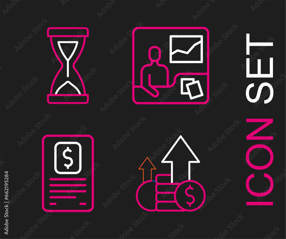 Set line Financial growth and coin, Business finance report, Trading courses and Old hourglass icon. Vector Set line Financial growth and coin, Business finance report, Trading courses and Old hourglass icon. Vector