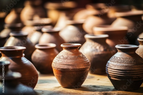 Rustic clay pottery reflects the artistry of ancient artisans.