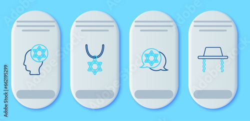 Set line Star of David necklace on chain, Orthodox jewish hat and icon. Vector