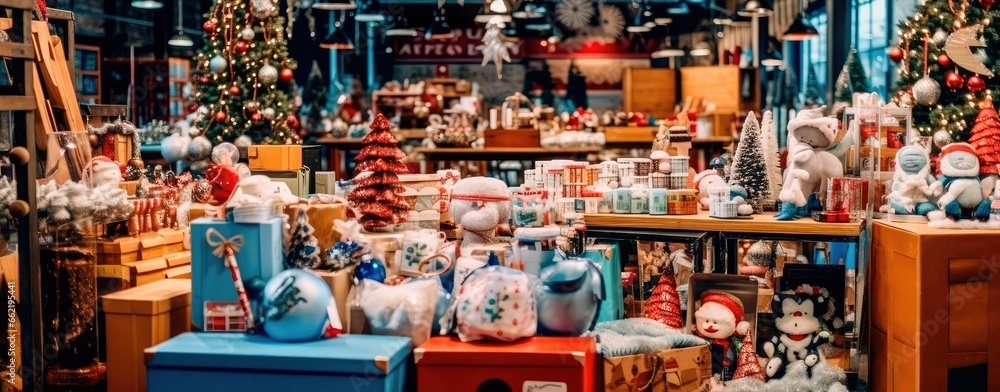 Illustration of a Christmas shopping extravaganza with a variety of holiday-themed items. Generative AI - obrazy, fototapety, plakaty 