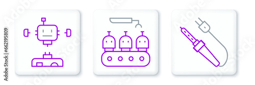 Set line Soldering iron, Disassembled robot and Industrial production of robots icon. Vector