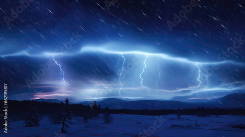 Winter landscape with aurora borealis and lightning in the night sky