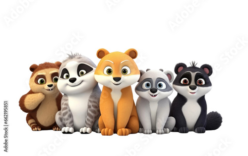 Different Beautiful Fox Alpaca Panda Lemur Komodo Dragon 3D Cartoon Isolated on Transparent Background PNG.