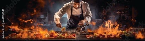 A dynamic scene featuring a professional chef grilling vegetables and skewers over an open flame, with the dark background intensifying the warm, glowing embers and the chef's concentration