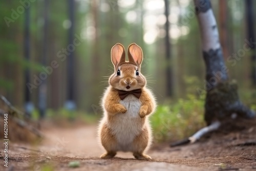 Rabbit runs along a path in the forest. Cute little rabbit in the forest. Easter bunny in the forest. Rabbit walk along a path in the forest.