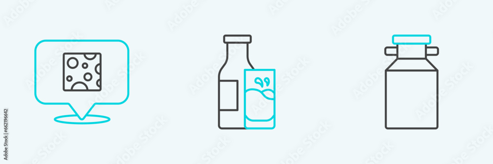 Set line Can container for milk, Cheese and Bottle and glass icon. Vector Set line Can container for milk, Cheese and Bottle and glass icon. Vector